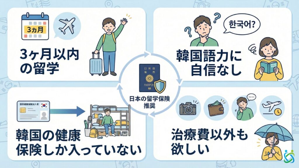 (図解)日本の留学保険に入った方が良い人の特徴4選:①短期留学②韓国語に自信がない③韓国の健康保険以外に保険に入っていない④治療費以外も欲しい