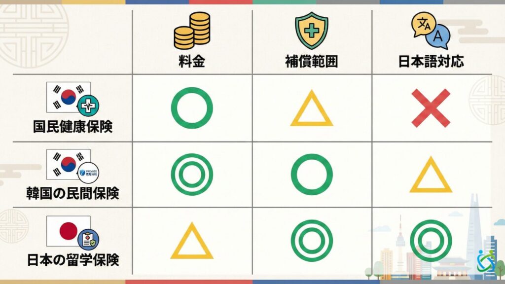 韓国の国民健康保険、韓国の民間保険、日本の留学保険の比較表