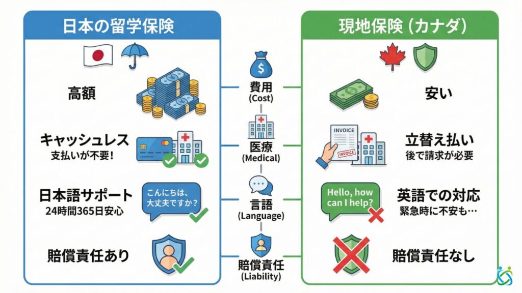 (図解画像)カナダ現地の保険と日本のワーホリ保険の比較