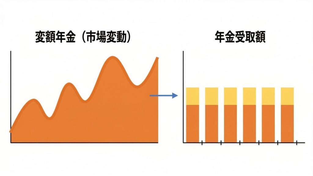 運用手法による3つのタイプのイメージ図。変額年金の市場変動をあらわしたグラフ