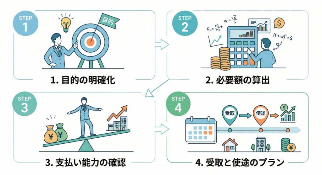 失敗しないための「法人保険の選び方」4つのSTEP（加入の目的を明確化、必要保障額を具体的に算出、支払い能力をシミュレーション、受取時期と資金使途をプランニング）を表したイメージ図。