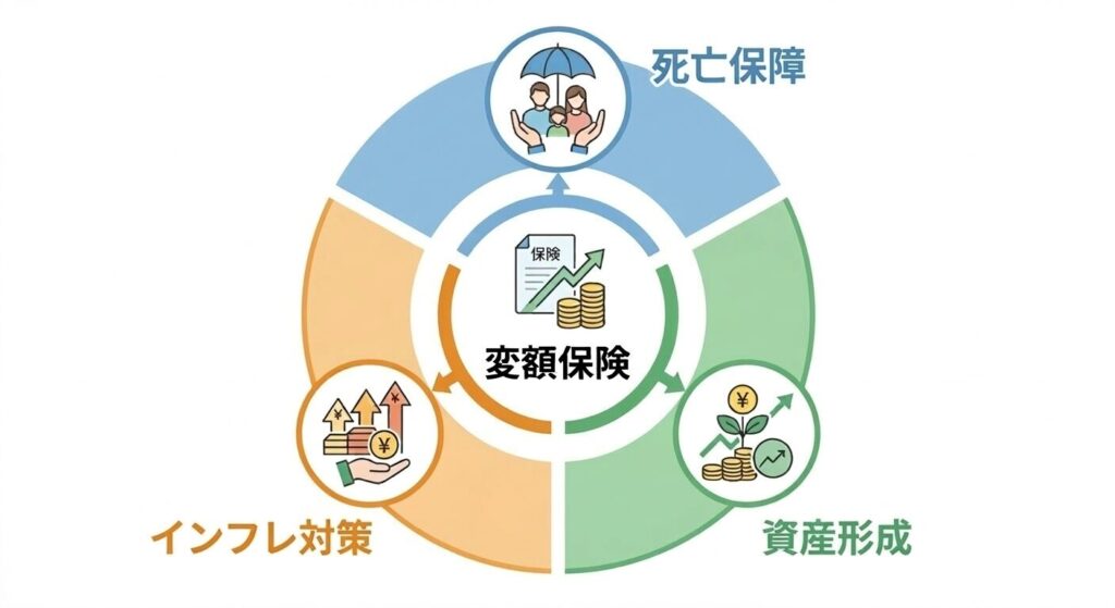 【図解：変額保険が担う3つの備え】
目的：変額保険が「死亡保障」「資産形成」「インフレ対策」の3軸をカバーしていることを視覚化。
内容：中央に変額保険を配置し、3つのキーワードをアイコン付きで円状に配置したイメージ図。