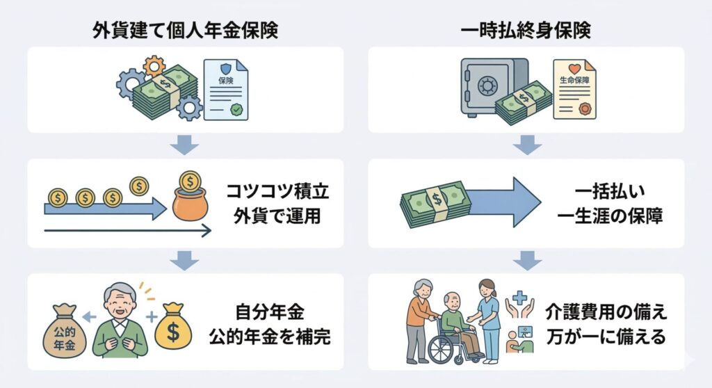 図解：外貨建て個人年金保険、一時払終身保険を活用し、公的年金を補完する「自分年金」、介護費用の備えをするイメージ図