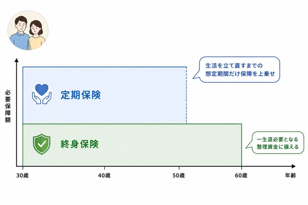 図解:30代共働き夫婦の備えのイメージ。生活を立て直すまでの想定期間だけ定期保険の四角形の保障を置き、その下に整理資金分の終身保険を敷く2段構成の図