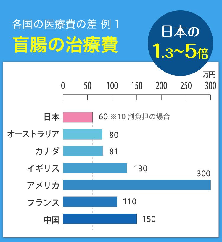 各国の医療費の差 例1 盲腸の治療費 日本の1.3〜5倍