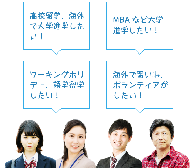 MBAなど大学進学したい！、高校留学、海外で大学進学したい！海外で習い事、ボランティアがしたい！、ワーキングホリデー、語学留学したい！、バックパッカーで１年間海外放浪したい！