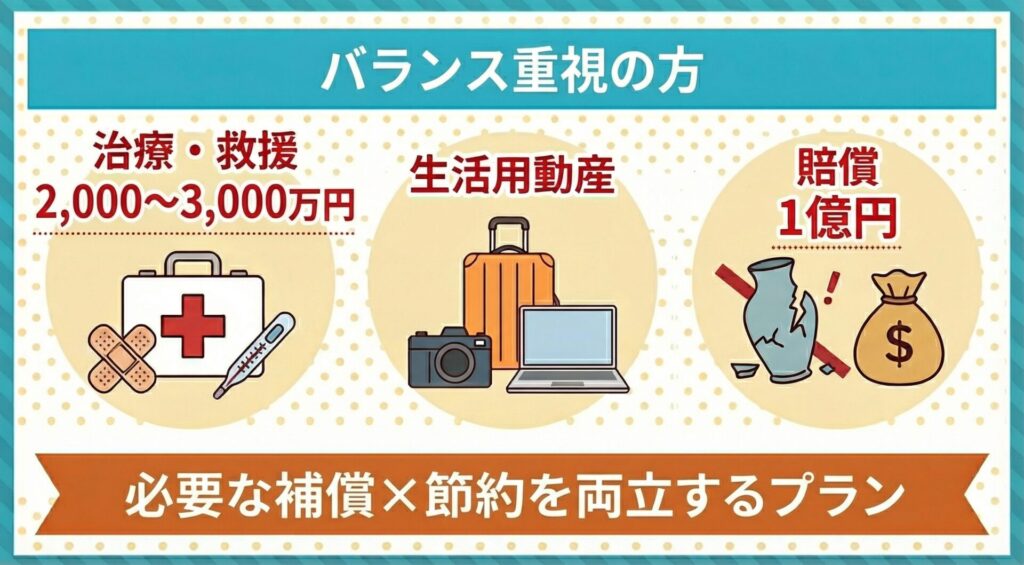 カナダワーホリ保険 バランス重視プラン：日本のワーホリ保険で治療救援費用と賠償責任1億円を確保しつつ節約も両立する構成