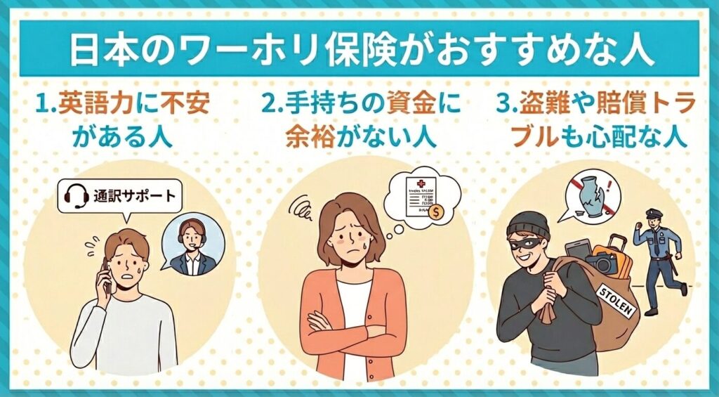 日本のワーホリ保険がおすすめな人：英語対応や盗難・賠償トラブルに不安がある初心者向けの特徴