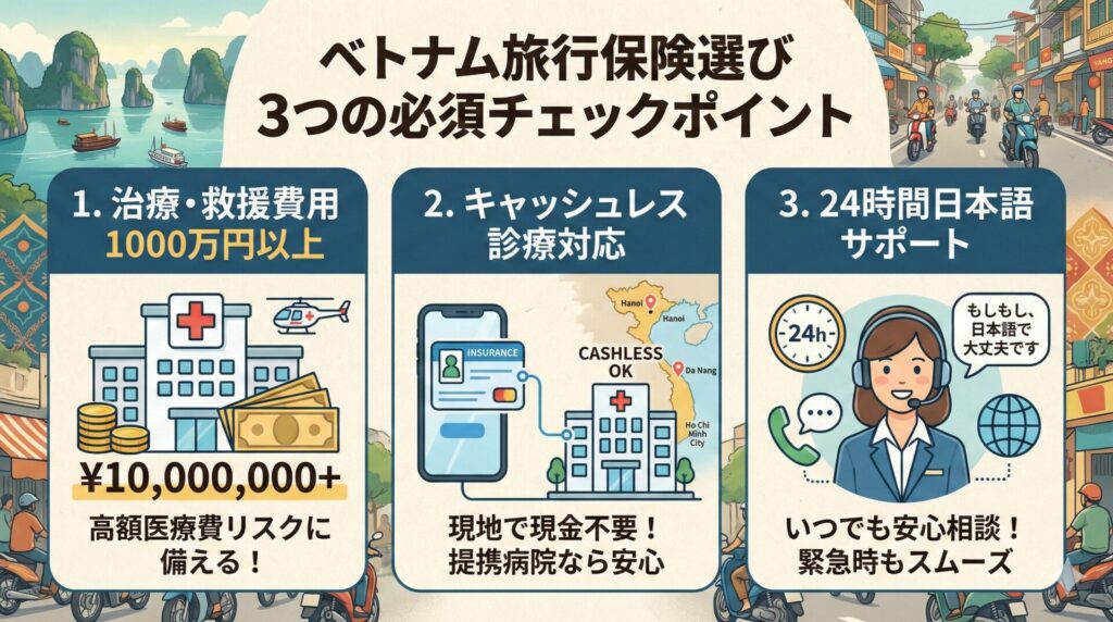 ベトナム旅行向け保険選びの3つのチェックポイントは？