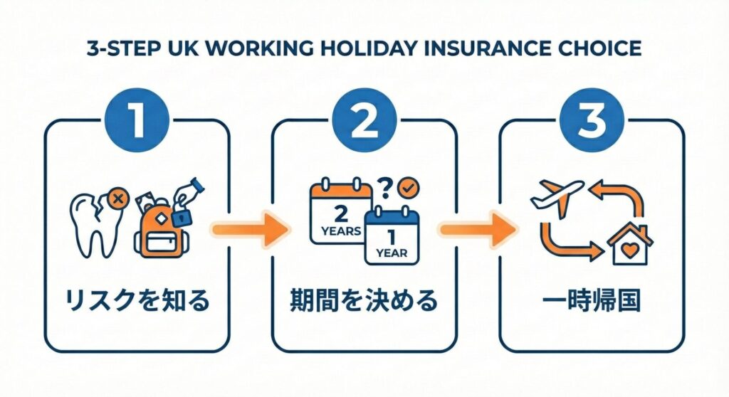 失敗しないイギリスワーホリ保険の選び方3ステップ。NHSのリスク把握、2年期間決定、一時帰国補償の確認