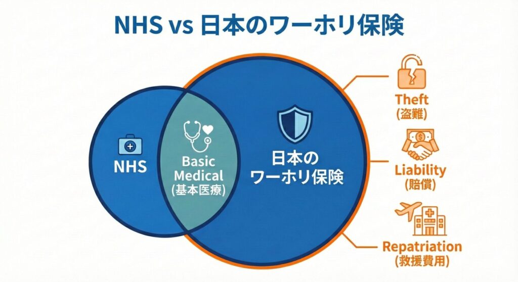 イギリスのNHSと日本のワーホリ保険(民間)の補償範囲比較表。盗難・賠償・日本語通訳の違い