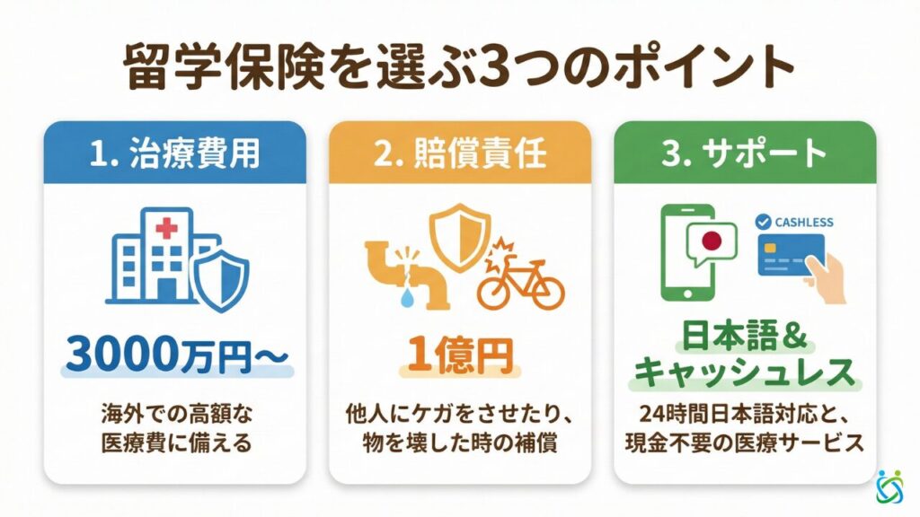 失敗しないカナダ留学保険の選び方3つの重要ポイント。治療救援費用3000万円以上、個人賠償責任1億円、キャッシュレス・日本語通訳サポートの有無を図解