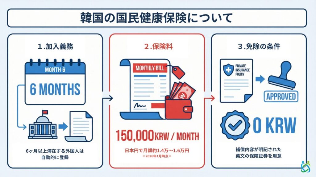 韓国の国民健康保険制度と免除の仕組みを図解。入国6ヶ月後から加入義務が発生し月額約1.5万円。日本のワーホリ保険に加入していれば加入免除申請が可能。