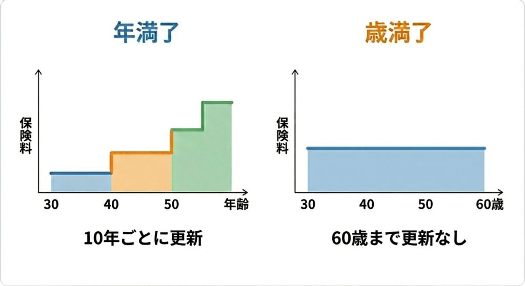 [図解：満了タイプ別の保険料推移比較（更新型 vs 全期型）]