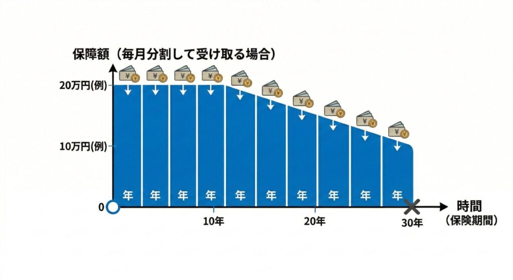 [図解：収入保障保険の受取イメージ（毎月の給料のような分割受取）]