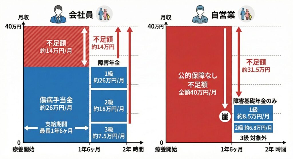 [図解：会社員と自営業の「貰える手当」と「不足額」の徹底比較]
（会社員：傷病手当金の山があるグラフ / 自営業：開始直後に崖になるグラフを対比。さらに障害年金1-3級の受給範囲も明記）