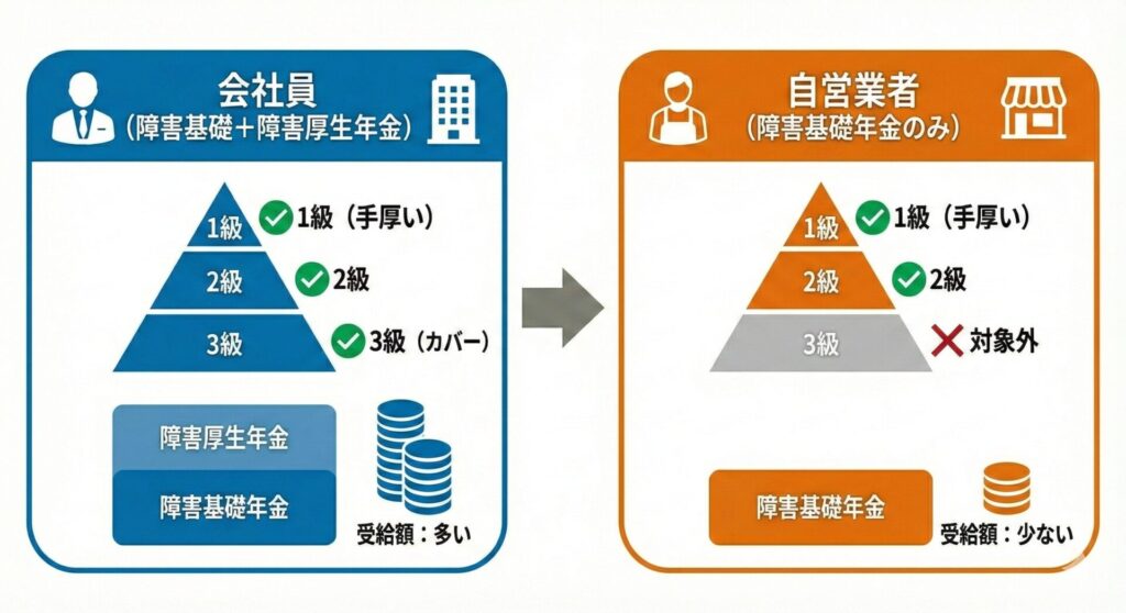 図解：「障害年金」の仕組みと受給条件（会社員と自営業者の違い）