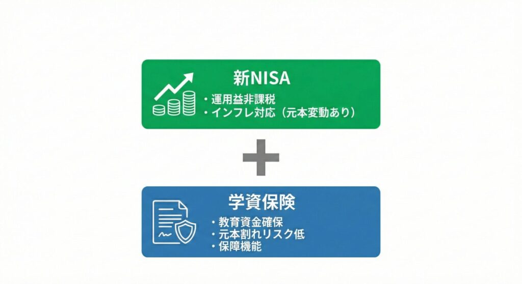 【図解：学資保険×新NISAの積立イメージ（確実な土台と、変動する上乗せ狙い）】