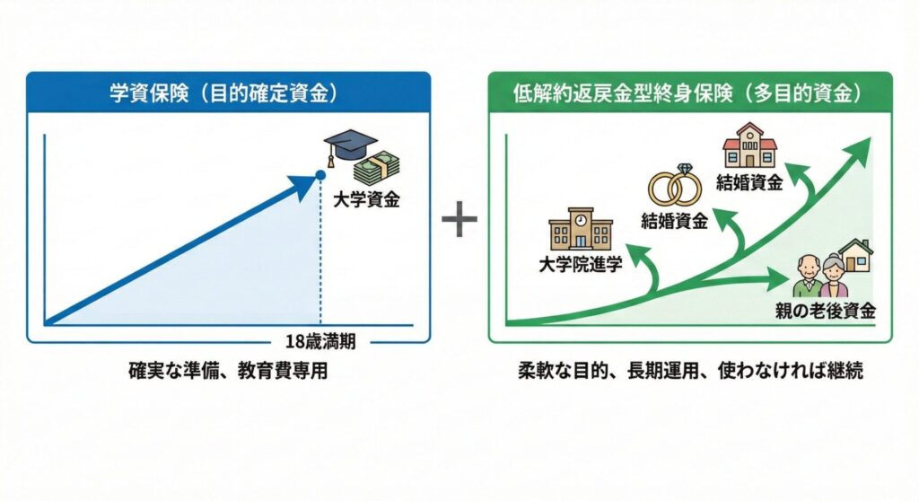 【図解：学資保険×終身保険の積立イメージ（目的確定資金と、多目的資金のバランス）】