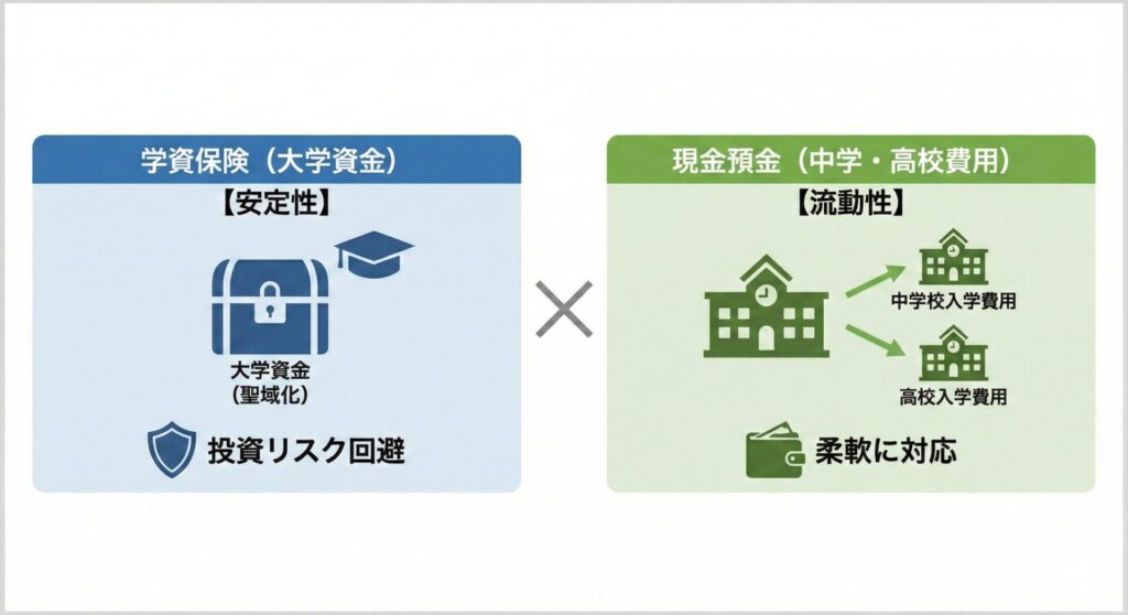 【図解：学資保険×現金預金の使い分け（大学費用の聖域化と、中学・高校費用の流動性確保）】