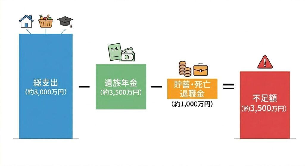 [図解：子育て世帯の保障構成（遺族年金＋退職金＋民間保険の積み上げグラフ）]