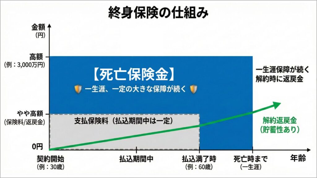 終身保険の保険金支払いの仕組みのグラフ