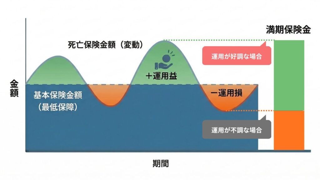 図解：変額保険の種類（有期型）
有期型の変動保険金部分が変動することと基本保険金が一定であり、満期があることをあらわしたイメージ図
