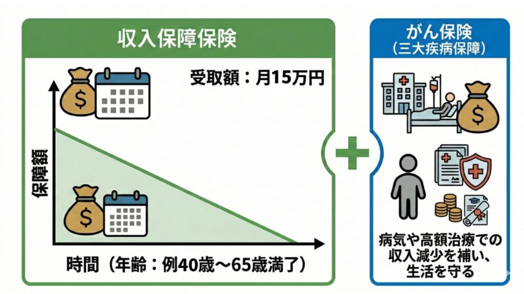 【40代自営業世帯の場合】おすすめの組み合わせ例：収入保障保険 ＋ がん保険（三大疾病保障）
