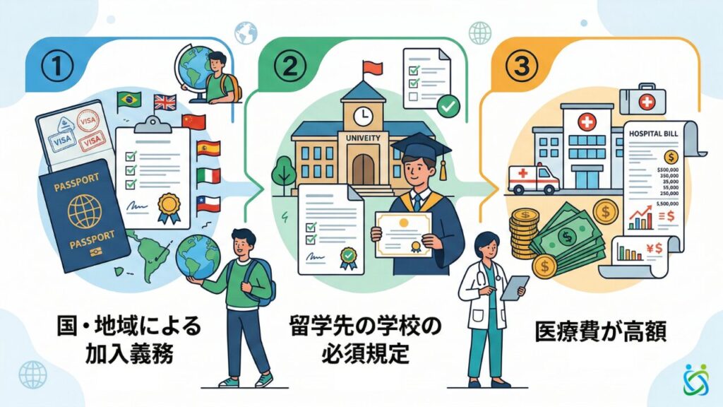 (図解)留学保険は①国による加入義務②留学先の学校の規定③医療費の高さの3点で必要性が高いです