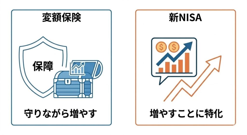 【イメージ図解：保険と新NISAの役割の違い】

変額保険＝「守りながら増やす保険」vs新NISA「増やすことに特化する」という対比図。