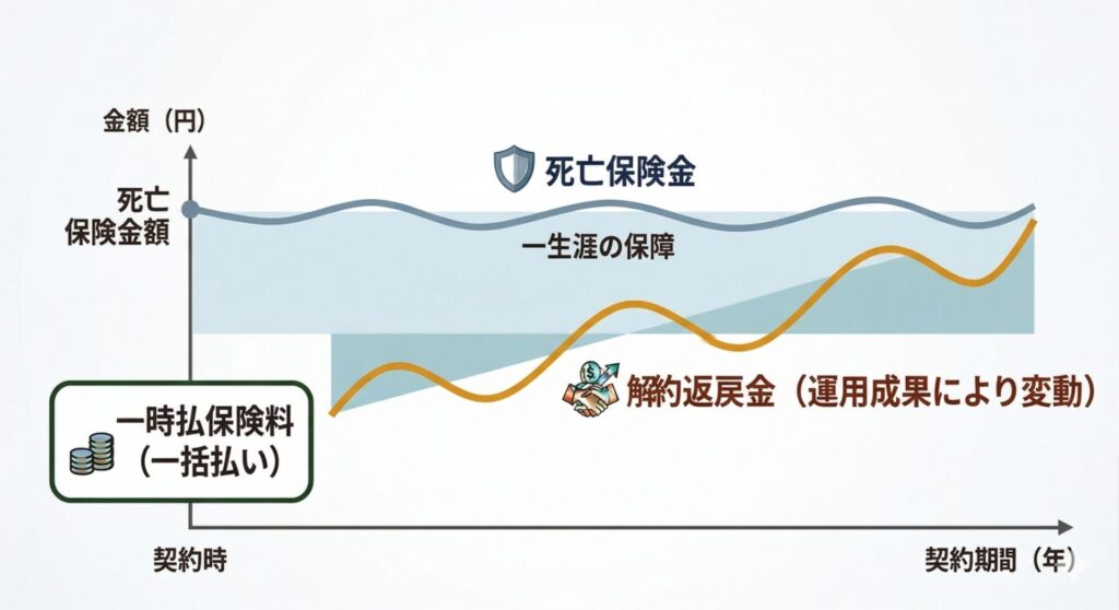 図解:一時払い終身保険の運用方法による分類(変額型)株式・債券の運用実績により受取額が変動することを表したイメージ図。