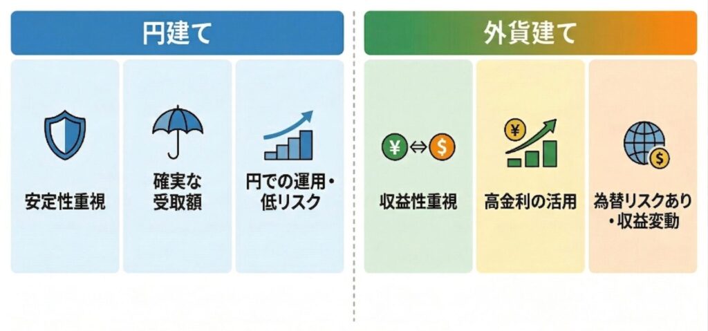 [図解：通貨による分類のイメージ（円建ての安定性 vs 外貨建ての収益性とリスク）]