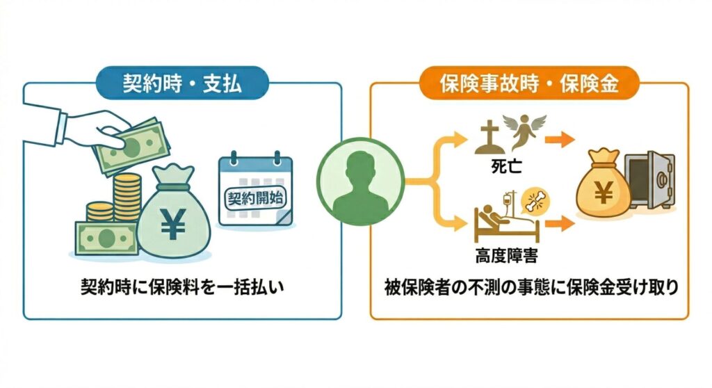 図解:一時払い終身保険の仕組み。契約時に保険料の全額を一括で支払い、被保険者が死亡あるいは高度障害状態になった場合に保険金が支払われることを表したイメージ図。