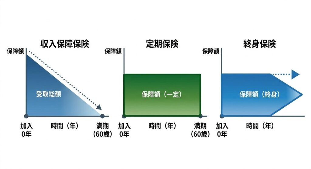 【図解】収入保障保険と定期保険や終身保険との違い