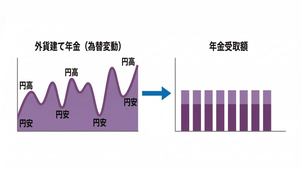 運用手法による3つのタイプのイメージ図。外貨建て年金の為替変動によるリスクをあらわしたグラフ