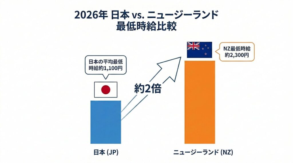 [図解挿入イメージ：日本 vs ニュージーランドの最低時給比較（2026年）]