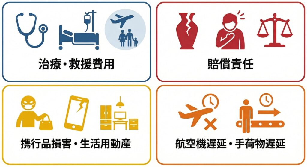 図解：留学保険がカバーする4つの基本リスク（医療・賠償・盗難・遅延）
救援費用、賠償責任、携行品損害・生活用動産、航空機遅延・手荷物遅延のそれぞれのリスクを表したイメージ図。
