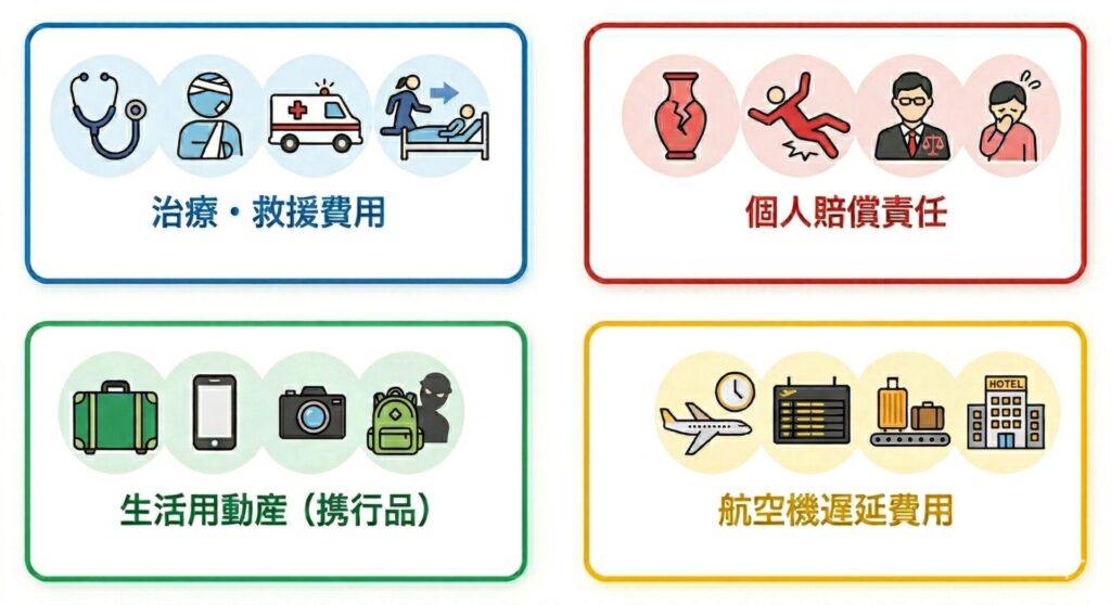 留学保険の主な保障内容（治療・救援費用、個人賠償責任、生活用動産（携行品）、航空機遅延費用）を表したイメージ図。