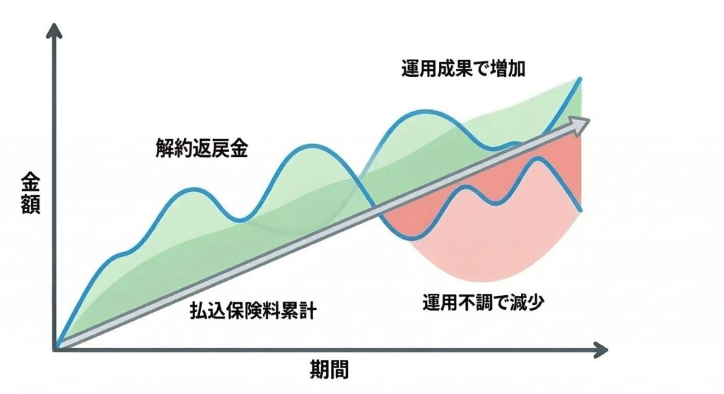 図解：変額保険のデメリットである元本割れのリスク（満期保険金や解約返戻金には最低保証がなく運用が悪い場合、受け取れる金額が払込総額を下回ることがある）のイメージ図