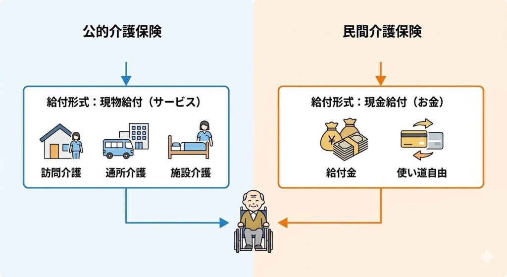 【図解：公的介護保険（現物給付）と民間介護保険（現金給付）の役割分担図】