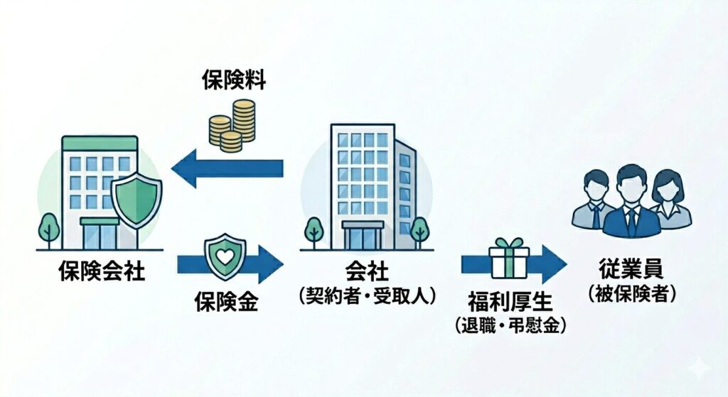 図解：法人保険の具体的な仕組み（契約者＝「法人」：会社が保険料を支払い、契約を管理します。
被保険者＝「経営者・役員・従業員」：保険の対象となる人です。
受取人：「法人」（原則）：万が一の際や満期時には、会社に資金が入ります。）
