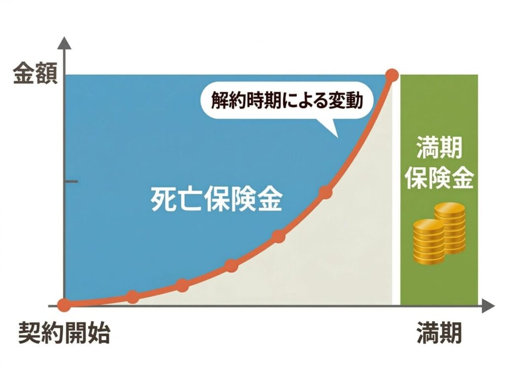 図解：外貨建て保険の主要3タイプと特徴【養老型】のグラフ。（契約期間中の保障と、満期時に受け取る満期金が同額であることを示すイメージ図）
