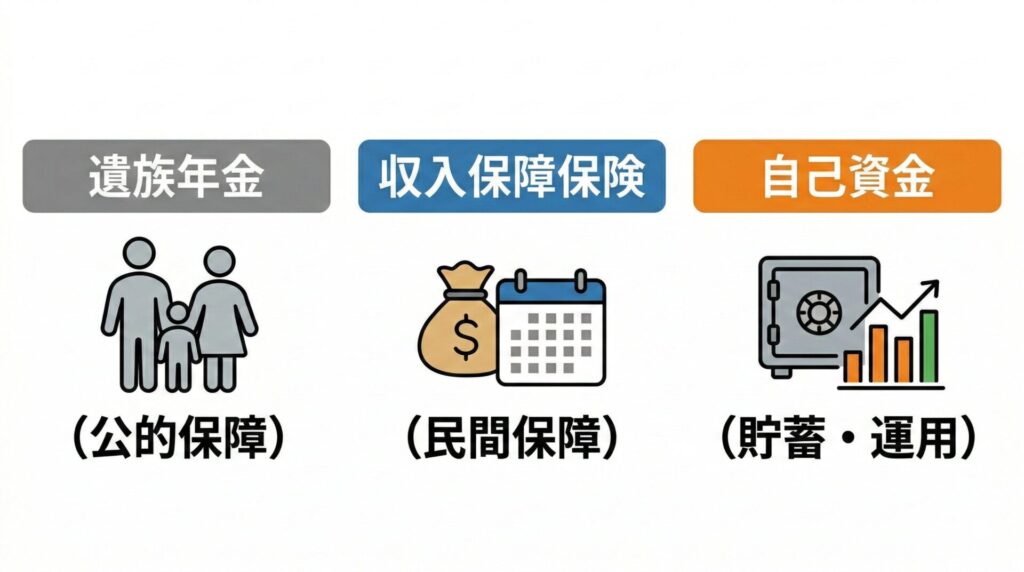 必要生活費の構成積立グラフ（遺族年金 ＋ 収入保障保険 ＋ 自己資金）