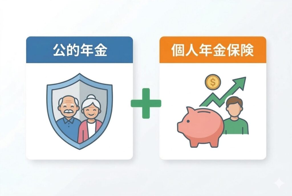 図解：個人年金保険の仕組身を開設。個人年金保険を活用し、公的保険の上乗せをして備えるイメージ図。