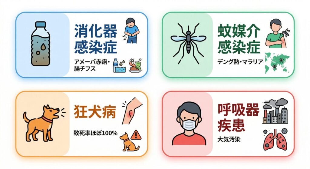 図解：現地でかかりやすい病気や感染症のリスク（アメーバ赤痢・腸チフスなどの消化器感染症
蚊が媒介するデング熱・マラリア
致死率ほぼ100％の狂犬病
大気汚染による呼吸器疾患）についてのイメージ図。