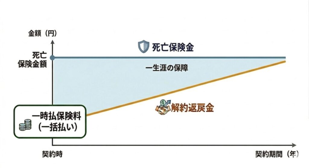 図解:一時払い終身保険の運用方法による分類(定額型)利率が契約時に決まり、死亡保険金が一定であることを表したイメージ図。