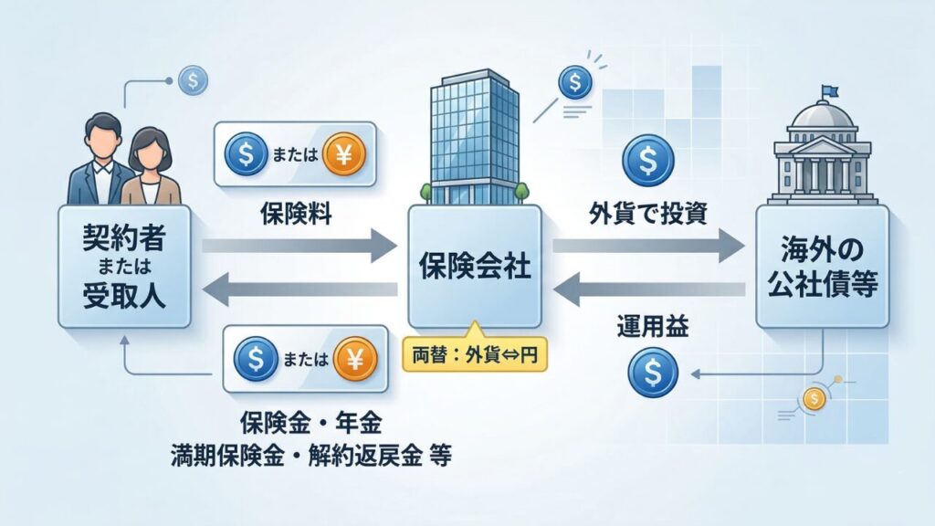 外貨建て保険の仕組みを表す図解。支払われた保険料を保険会社が外貨に替えて運用され、運用成果によって受け取る金額が増減します。