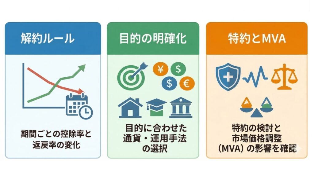 一時払い終身保険を選ぶ3つのポイント(解約控除期間と解約返戻率の推移を確認・資産運用の目的を明確にし、適切な通貨・運用手法を選ぶ・特約による保障の拡張と市場価格調整(MVA)の影響を確認の3つのポイントについて詳しく解説)