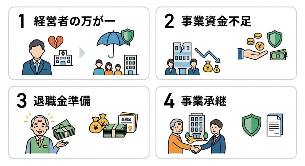 法人保険で備えられる主な経営リスク（経営者の死亡リスク、事業資金不足のリスク、退職金準備に関するリスク、事業承継リスク）についてあらわしたイメージ図。