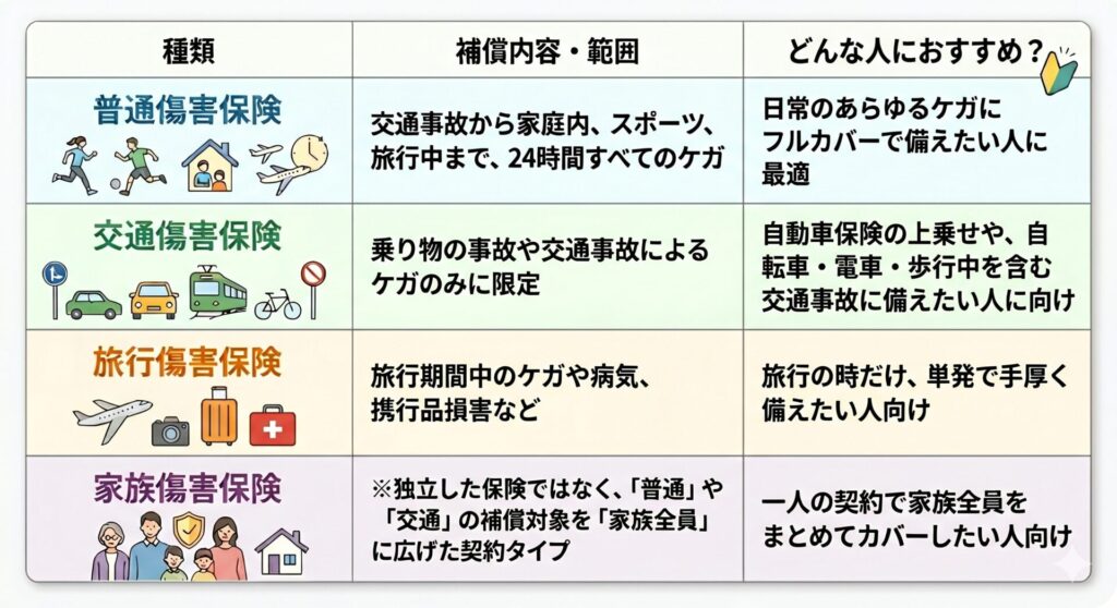 傷害保険の種類（普通傷害保険：交通事故から家庭内、スポーツ、旅行中まで、すべてのケガをフルカバー、交通傷害保険：乗り物の事故や交通事故のみに範囲を絞ったプラン、旅行傷害保険：旅行期間中だけのケガや病気、携行品損害に備える単発プラン※家族傷害保険：独立した保険ではなく、「普通」や「交通」の補償対象を「家族全員」に広げた契約タイプ（型）のこと）
